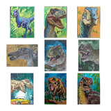 A 3x3 grid of nine colorful dinosaur art prints on a white background, featuring various illustrated theropods and a Cretaceous pterosaur in vibrant, textured styles.