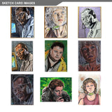 Nine small artworks of various characters on a white background