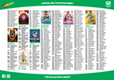 Sheet of official NRL collector cards with player images and names on a green and white background.