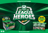 Promotional image of NRL League Heroes trading card packs with branding and product details.
