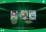 Promotional image for official NRL collector cards with player images and text on a green background.
