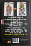 Back of a trading card packaging with character images and card rarity details.