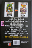 Trading card packaging with character images and card rarity information.