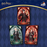 Three Harry Potter-themed cards featuring characters on a blue patterned background.