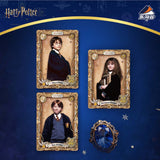 Three framed portraits of characters from 'Harry Potter' on a blue background with a brooch.