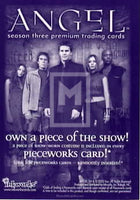 Promotional poster for 'Angel' season three trading cards with characters and text.