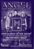 Promotional poster for 'Angel' season three trading cards with characters and text.
