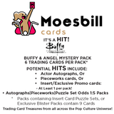 Advertisement for Moesbill trading cards featuring a dog illustration and text about Buffy and Angel trading cards.