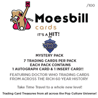 Moesbill trading card packaging with Doctor Who branding and promotional text.