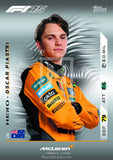 F1 trading card featuring a driver in an orange racing suit with various sponsor logos on a gray background.
