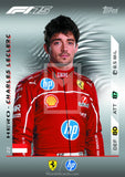 F1-themed trading card with a driver in a red racing suit, featuring various sponsor logos.