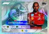 F1 driver trading card featuring Lewis Hamilton with sponsor logos and statistics.
