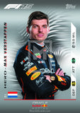 F1 racing card featuring Max Verstappen with branding and statistics.