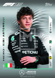 F1-themed trading card with a driver in racing uniform on a gray background