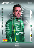 Fernando Alonso trading card with green racing suit and sponsor logos on a gray background