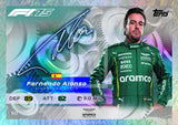 Fernando Alonso trading card with signature style, featuring his name and a green racing suit.