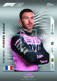 Card featuring a Formula 1 driver with racing suit and sponsor logos on a gray background