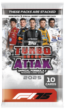 Topps Turbo Attax 2025 Formula 1 trading card game pack with four drivers on the front.