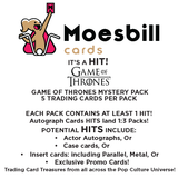 Advertisement for Moesbill Game of Thrones trading cards with a cartoon dog holding a card.