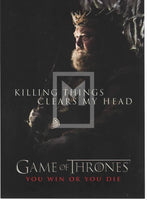 Character from 'Game of Thrones' with a quote and logo on a dark background