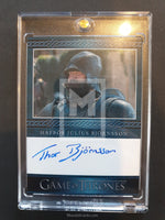Trading card of Hafpor Julius Bjornsson from 'Game of Thrones' in a protective case.