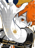 A stylized anime illustration featuring Shoyo Hinata with bright orange hair, gray-and-white shading, and gold text reading 'Shoyo Hinata' and 'Character Karasuno-1st Year MB'. The artwork fills the frame like a printed cover or poster.