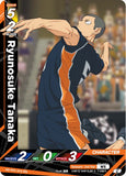 A trading card featuring the anime character Rynosuke Tanaka in a navy and orange basketball uniform, with Japanese text, stats, and a blurred basketball court background.