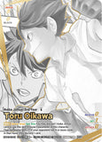A manga trading card featuring a black-and-white illustration of Toru Oikawa, with gold text and borders, on a white card background.