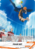A collectible trading card featuring an anime volleyball scene with a winged character jumping to hit a ball under a bright sun. The card includes game text, event label, and brand text for HP/F, S.