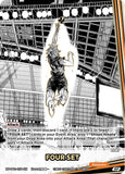 A collectible trading card featuring a black and white illustration of a volleyball player in mid-air, with the title 'FOUR SET' at the bottom and Japanese text and game rules text on the card.