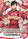 A collectible trading card featuring illustrated anime characters from Haikyu!! Volleyball in red jerseys, with text boxes and event branding at the bottom. Visible brands include HP/F, SHP, and TOMY.