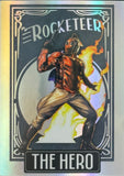 Illustration of a character labeled 'The Rocketeer' with dynamic pose and fiery background.