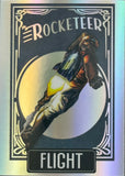 Poster of 'The Rocketeer' with a stylized illustration of a character holding a rocket, set against a dark background with a glowing circle.