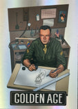 Illustration of a man in a military uniform sitting at a desk with 'GOLDEN AGE' branding.