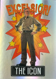 Cartoon character standing in front of a colorful starburst with 'Excelsior!' text above.