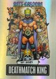 Illustration of a character titled 'Deathmatch King' with a crown and championship belt, surrounded by smaller figures.