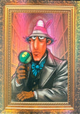 Colorful illustration of a character with a magnifying glass in an ornate frame