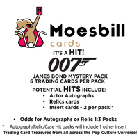 Advertisement for Moesbill cards featuring James Bond theme with trading card pack details.