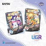 Two collectible trading cards featuring characters from My Little Pony: Friendship is Magic, displayed on a stylized lavender and white background with the Kayou brand logo and UGR mark.