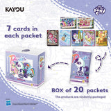 Promotional graphic for a My Little Pony Friends of Pony box set showing a large box, one opened packet, and a box of 20 packets on a light lavender background with product text and small card examples.