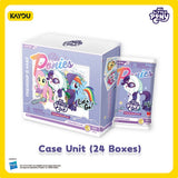 KAYOU My Little Pony Case Unit containing 24 booster packs, featuring a lavender box and pack packaging with colorful illustrations of ponies on a white background with a yellow border.
