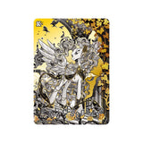 A rectangular art print or card featuring an illustrated fantasy scene with a white angel-like figure, gray wings, black architectural details, and a bright yellow background with gold stars and leaves. The artwork fills most of the product area and is centered on a plain white background.