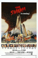 Movie poster for 'The Swarm' with a large tornado and people in front of a skyscraper.