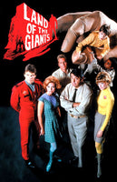 Vintage poster for 'Land of the Giants' with characters and giants hand.