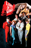 Vintage poster for 'Land of the Giants' with characters and giants hand.