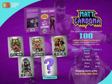 Promotional image for Matt Cardona trading cards with character illustrations and text on a purple background.