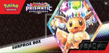 Pokémon trading card game packaging with a card featuring a prismatic evolution of a Pokémon.