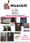 Advertisement for Game of Thrones trading card packs by Moesbill, featuring character images and a price tag.