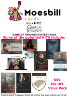 Advertisement for Game of Thrones trading card packs by Moesbill, featuring character images and a price tag.