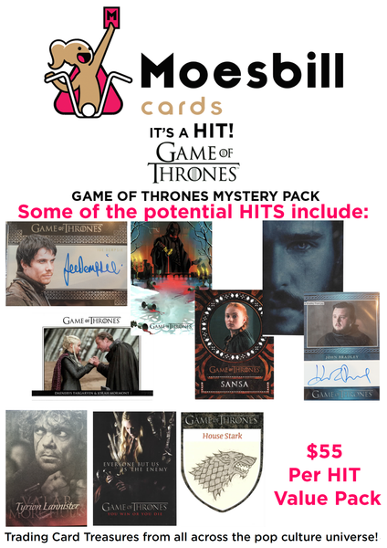 Advertisement for Game of Thrones trading card packs by Moesbill, featuring character images and a price tag.